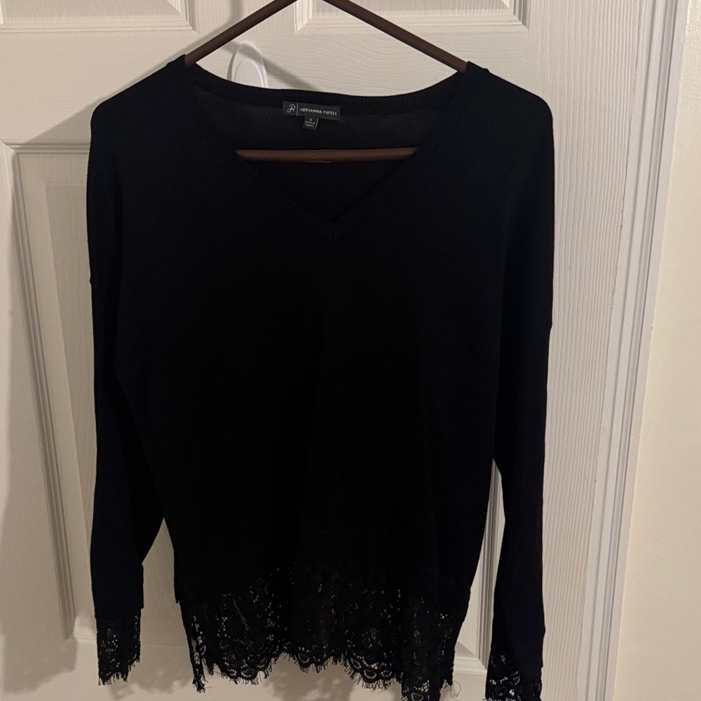 Adrianna Papell Black V-Neck Blouse with Lace Trim
